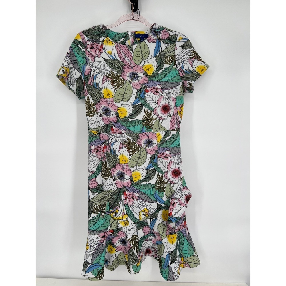 APT.9 Floral Print Dress Ruffle Hem Short Sleeve Casual White Size M